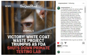 WCW ends FDA primate lab